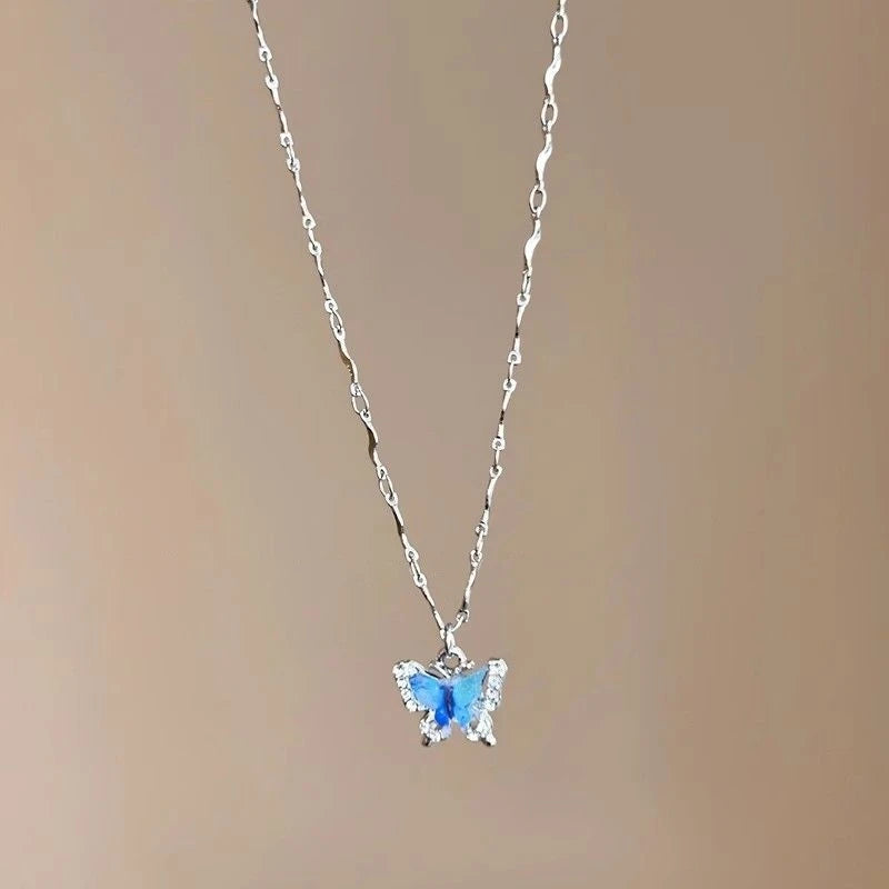 Romantic Blue Crystal Butterfly Necklace Zircon Bilayer Choker