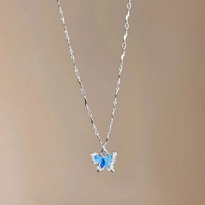 Romantic Blue Crystal Butterfly Necklace Zircon Bilayer Choker