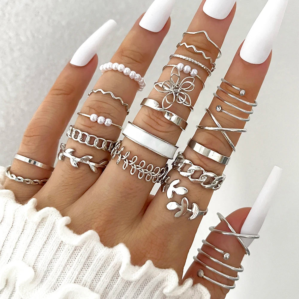 22Pcs/Set Bohemian Style Faux Pearl Vintage Leaves Layered Cross Geometric Multi-Element Ring Suitable For Women's Daily Wear