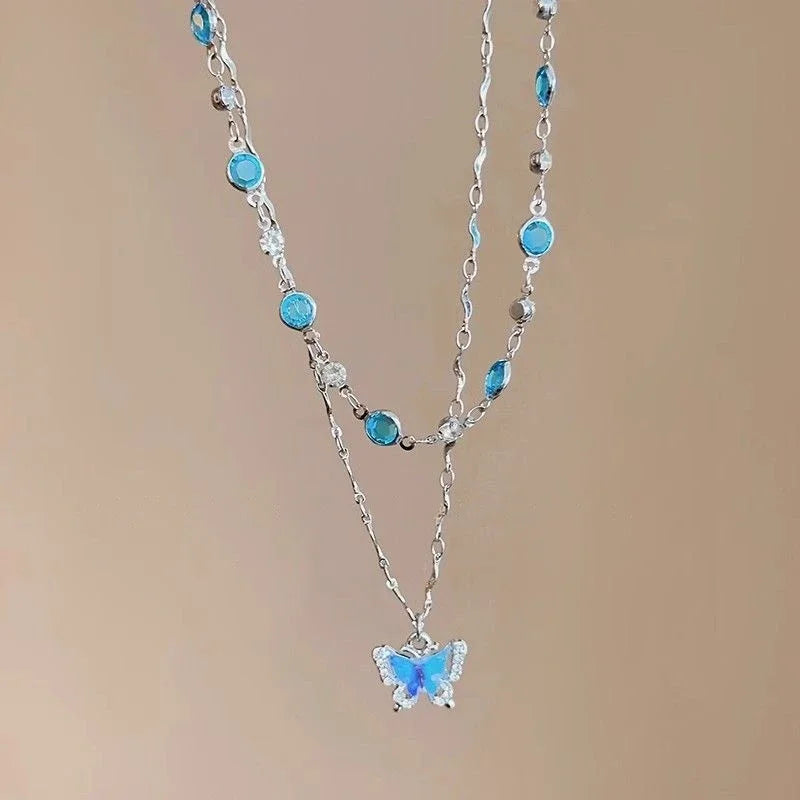 Romantic Blue Crystal Butterfly Necklace Zircon Bilayer Choker