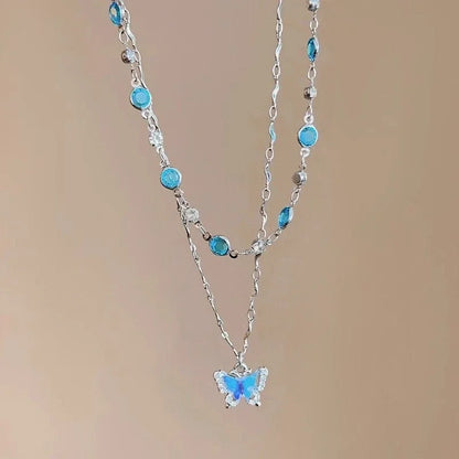 Romantic Blue Crystal Butterfly Necklace Zircon Bilayer Choker