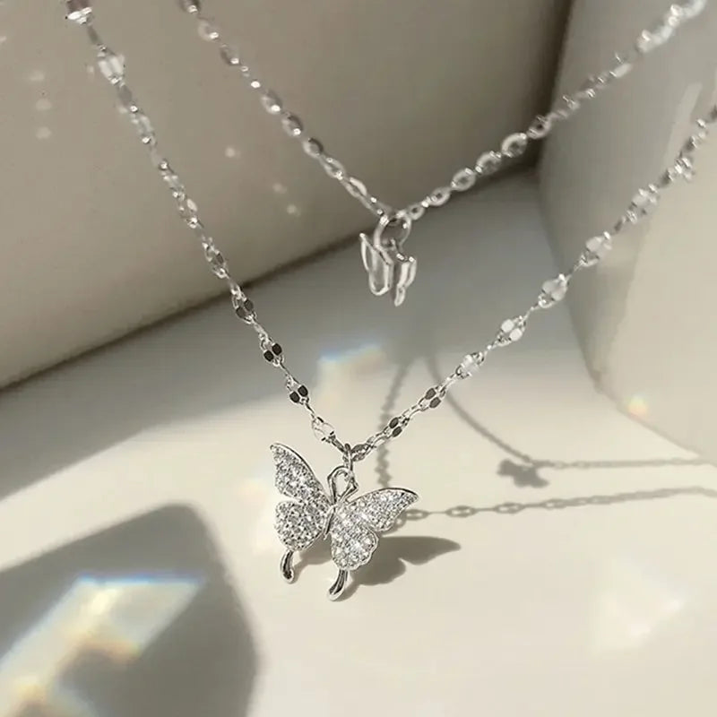 Women's Sparkling Double Layer Butterfly Necklace