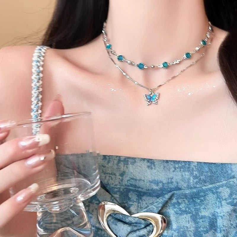 Romantic Blue Crystal Butterfly Necklace Zircon Bilayer Choker