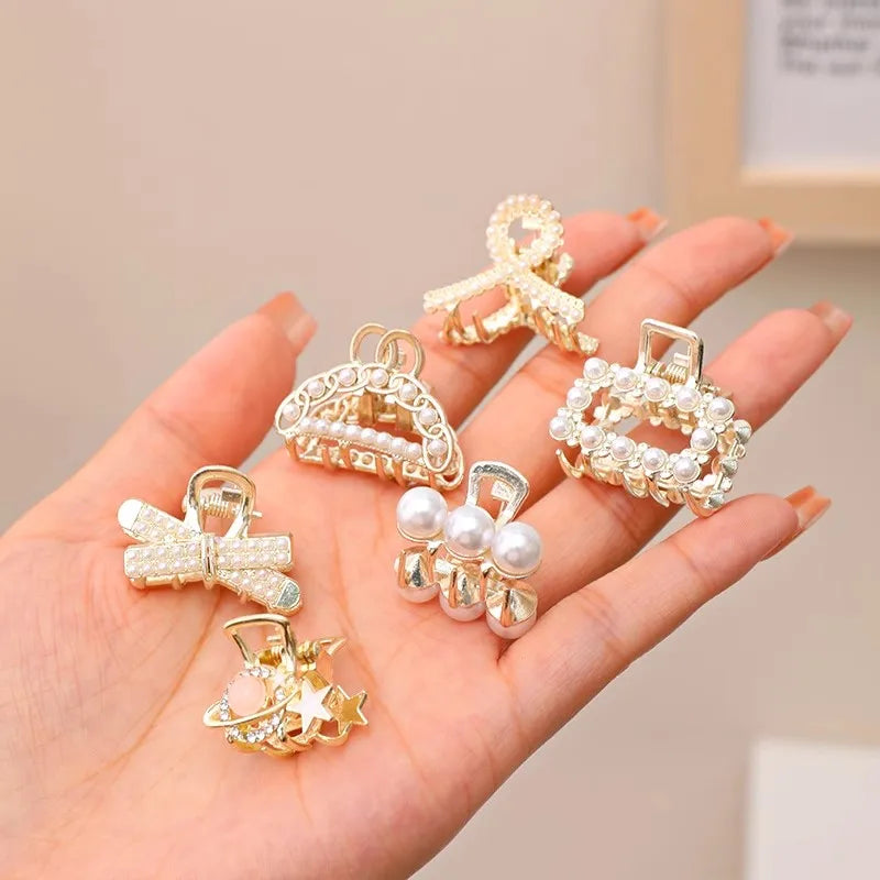 6/8/10PCS/Set Small Rhinestone Pearls Geometric Metal Hair Claws For Women Girls Sweet Mini Hair Clips Hairpins Hair Accessories