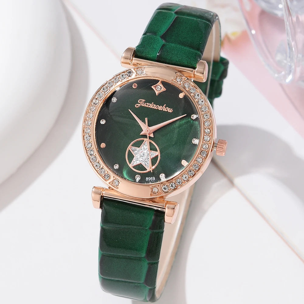 6PCS Set Green Luxury Quartz Watch Women Ring Necklace Earring Rhinestone Fashion Wristwatch Casual Ladies Bracelet Watches 6PCS