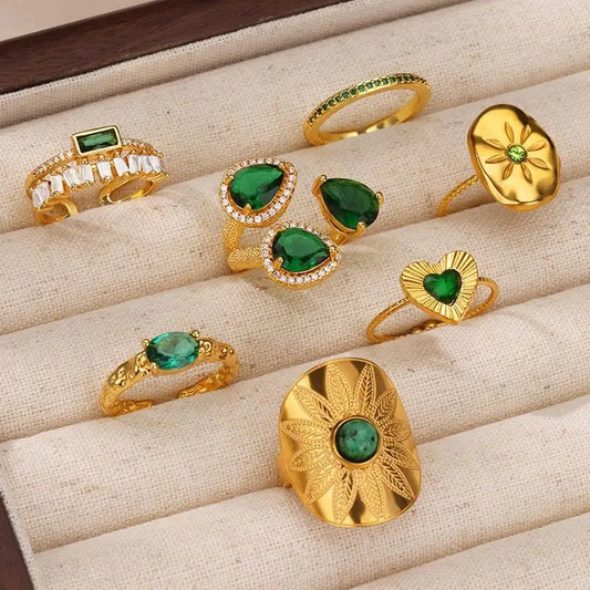 Vintage Green Cubic Zircon Rings for Women Stainless Steel Gold Color Adjustable Wedding Ring Aesthetic Jewelry Gift anillos