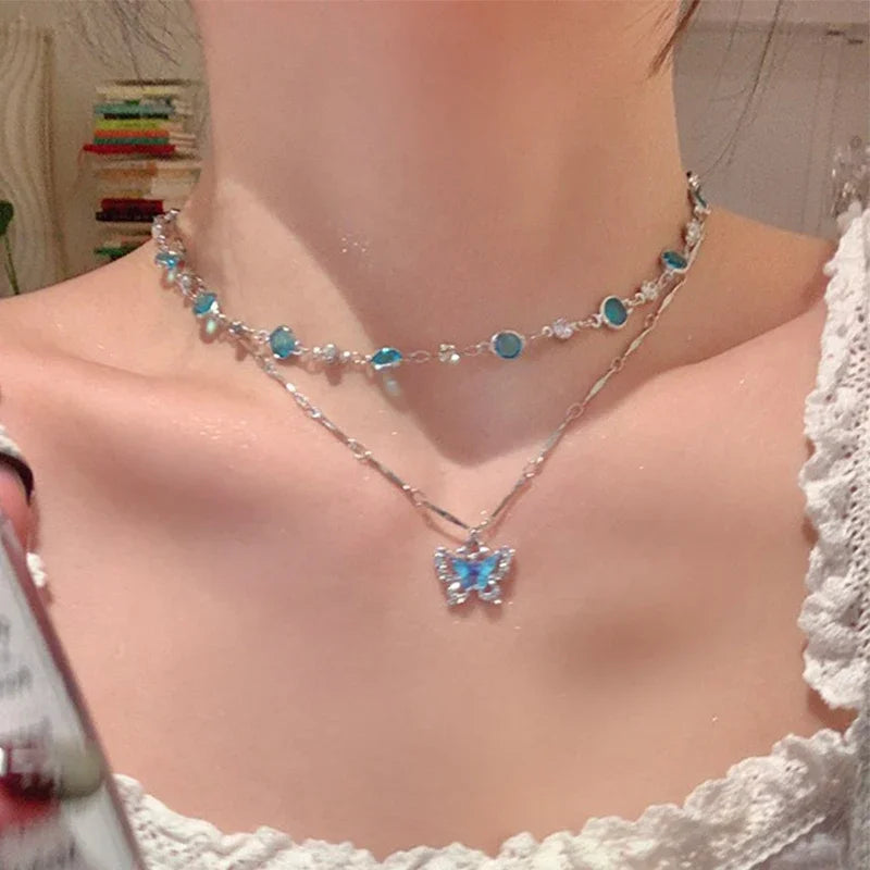 Romantic Blue Crystal Butterfly Necklace Zircon Bilayer Choker