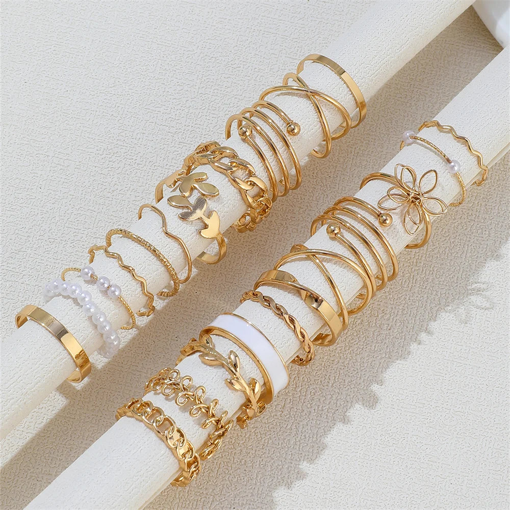 22Pcs/Set Bohemian Style Faux Pearl Vintage Leaves Layered Cross Geometric Multi-Element Ring Suitable For Women's Daily Wear