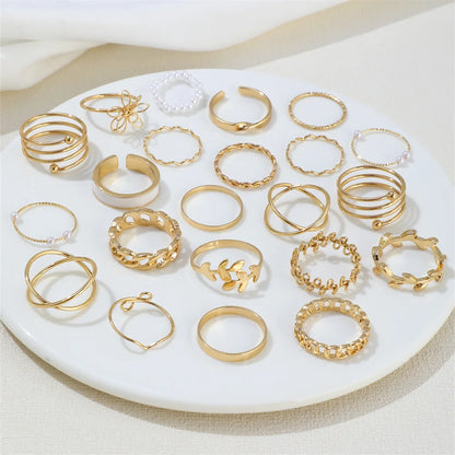 22Pcs/Set Bohemian Style Faux Pearl Vintage Leaves Layered Cross Geometric Multi-Element Ring Suitable For Women's Daily Wear