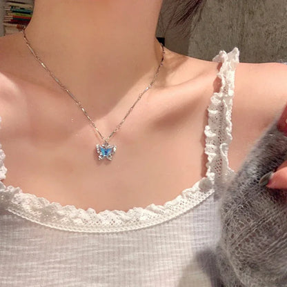 Romantic Blue Crystal Butterfly Necklace Zircon Bilayer Choker