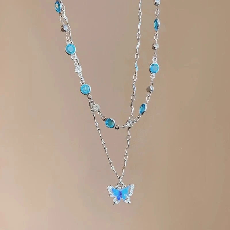 Romantic Blue Crystal Butterfly Necklace Zircon Bilayer Choker