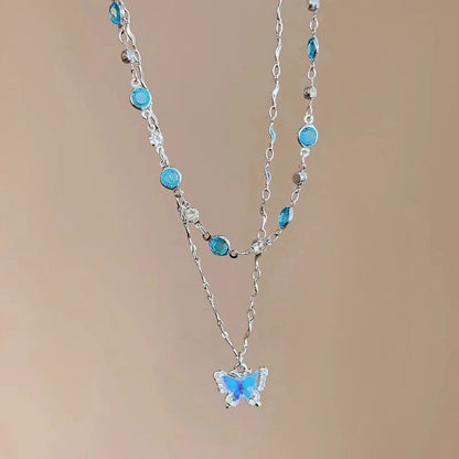 Romantic Blue Crystal Butterfly Necklace Zircon Bilayer Choker