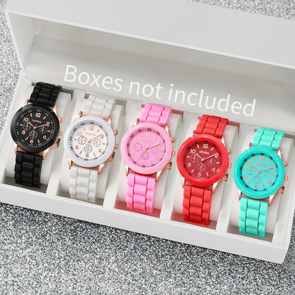 5PCS Women's Watches Fashion Roma Dial Leather Band Quartz Watch Ladies Silicone Band Wristwatch Reloj Mujer（Without Box）