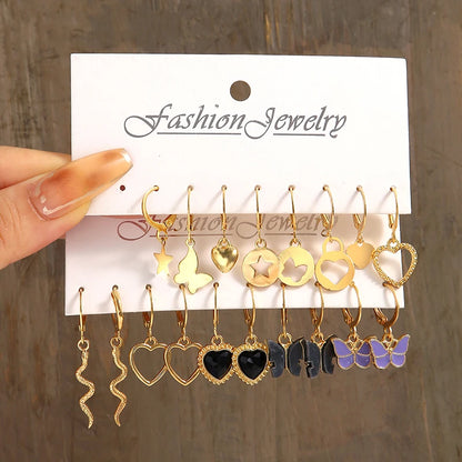 Gold Color Butterfly Twist Hoop Earring Set for Women Heart Hollow Dangle Earrings Metal Stud Earrings Trendy Jewelry