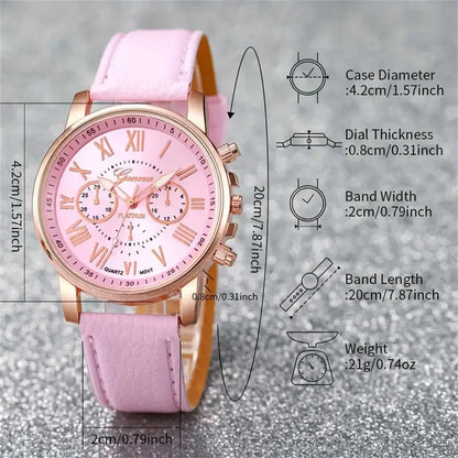 6PCS/Set Fashion Women's Quartz Watch Leather Band Analog Wrist Watches Heart Rhinestone Jewelry Set(Without Box)