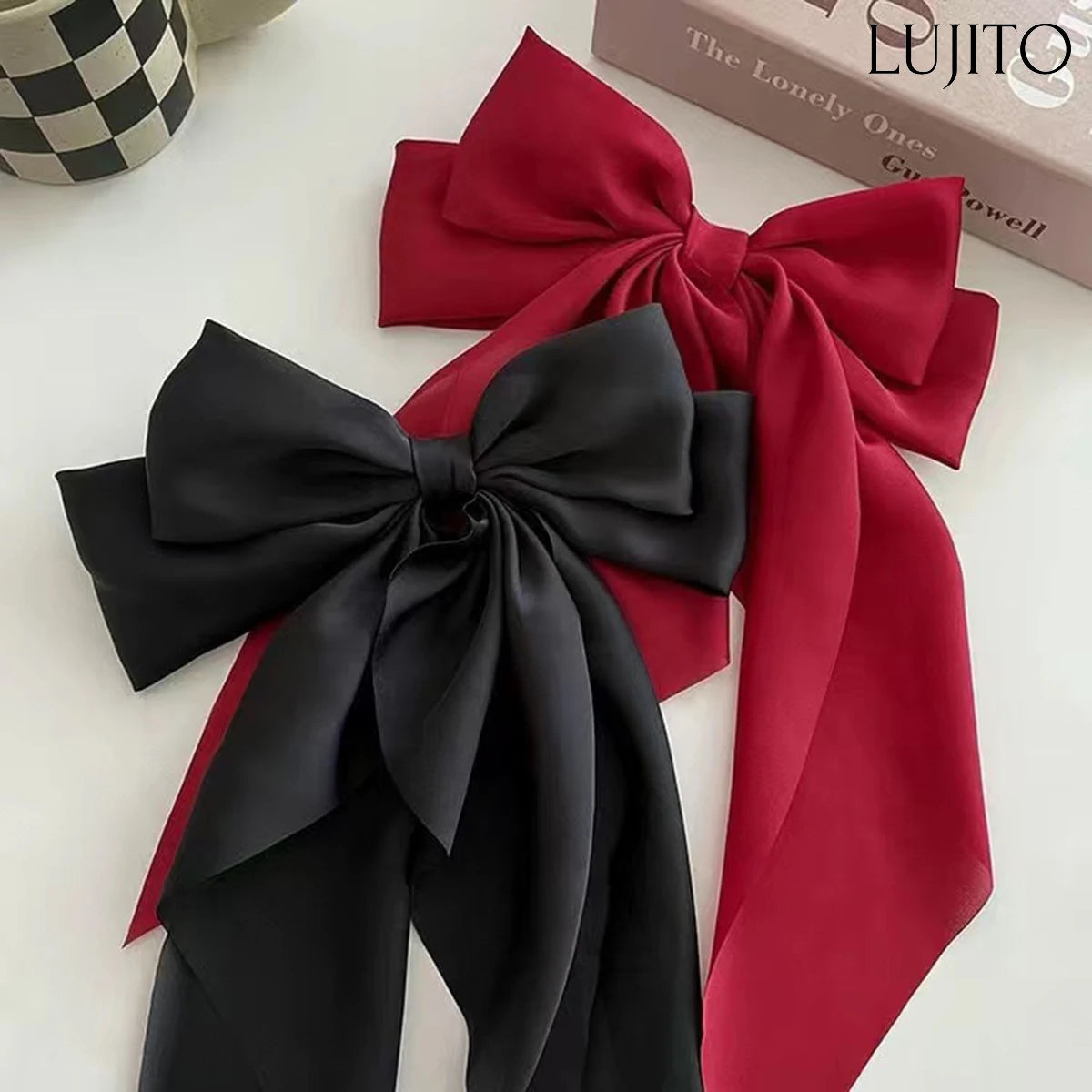 Women's Large Satin Bow Hair Clip,  Black & White & Red