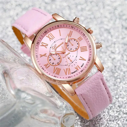 6PCS/Set Fashion Women's Quartz Watch Leather Band Analog Wrist Watches Heart Rhinestone Jewelry Set(Without Box)