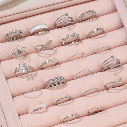 22Pcs/Set Bohemian Style Faux Pearl Vintage Leaves Layered Cross Geometric Multi-Element Ring Suitable For Women's Daily Wear