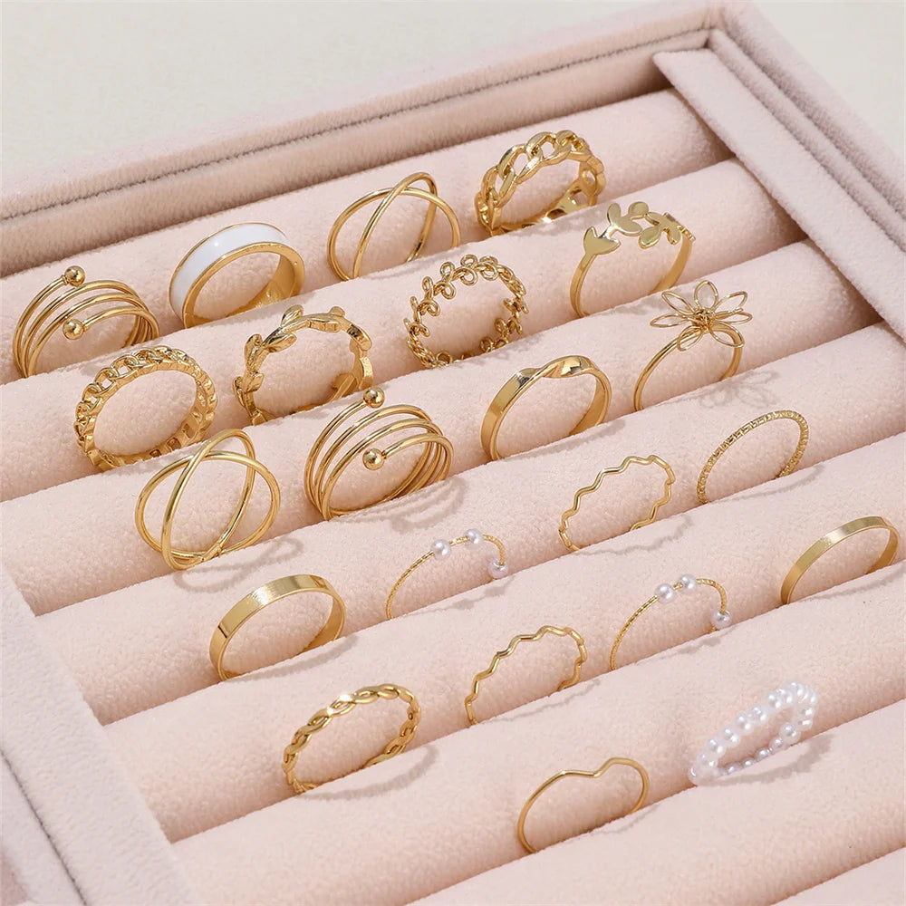 22Pcs/Set Bohemian Style Faux Pearl Vintage Leaves Layered Cross Geometric Multi-Element Ring Suitable For Women's Daily Wear