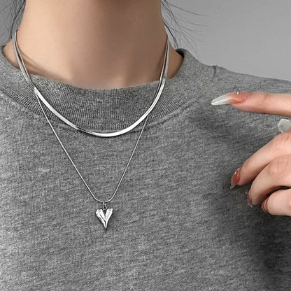 Double Layered Love Heart Pendant Necklace for Women Simple Neck Chain Jewelry