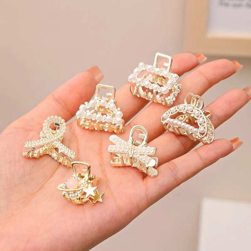 6/8/10PCS/Set Small Rhinestone Pearls Geometric Metal Hair Claws For Women Girls Sweet Mini Hair Clips Hairpins Hair Accessories