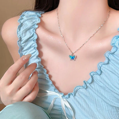 Romantic Blue Crystal Butterfly Necklace Zircon Bilayer Choker